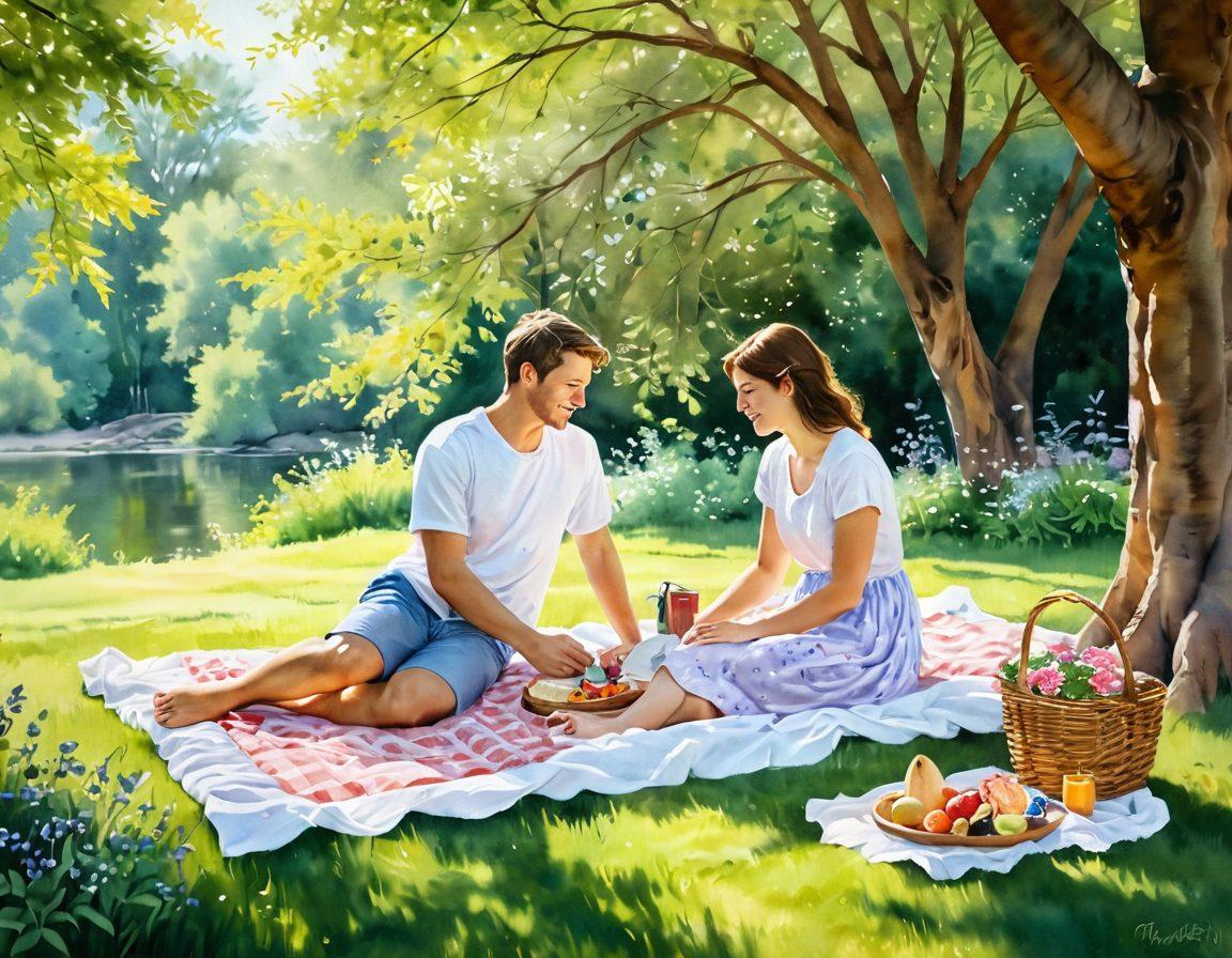 A warm, inviting scene of a couple sharing a tender moment surrounded by nature, with soft sunlight filtering through leafy trees, flowers blossoming around them, and gentle smiles on their faces. Include a cozy picnic setup in the background to emphasize nurturing affection. The atmosphere should feel serene and loving, inviting viewers to reflect on deep connections. watercolor painting. soft pastel colors.