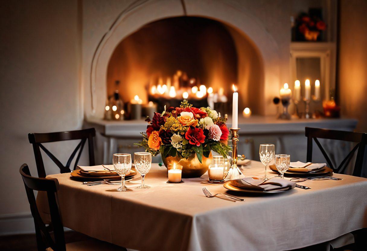 A cozy candlelit dinner setting for two, with warm colors and soft shadows, featuring a beautifully laid table adorned with flowers, an intimate atmosphere. In the background, a gentle embrace between a couple showcases deep connection, with sparkles of light and warmth radiating around them. romantic, super-realistic, warm colors, soft focus.