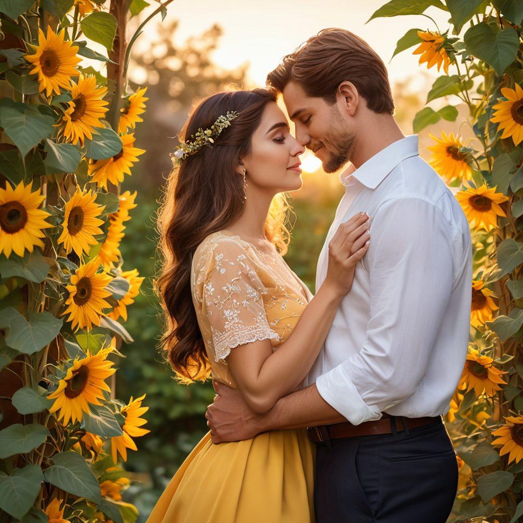 A serene couple tending to a flourishing garden together, symbolizing the nurturing of love and intimacy. Surround them with blooming flowers in soft pastel shades, and include elements like a sunflower, symbolizing adoration, and a trellis with climbing vines representing growth. A warm, golden sunset casts a soft glow on the scene, enhancing the atmosphere of affection. The couple shares a loving gaze, embodying true connection. painting. vibrant colors. warm tones.